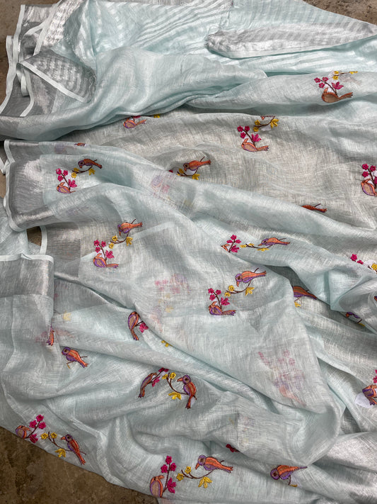 Linen Silver Zari Chidya Embroidered Saree