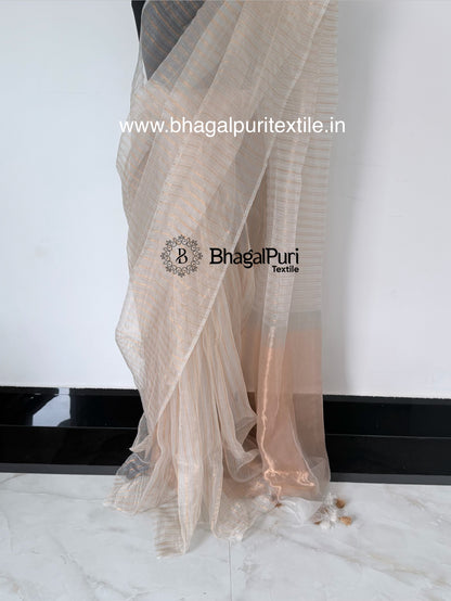 Sunehri Noor Ivory Silver&Gold Stripes Organza Tissue Saree (Search Code-10189).