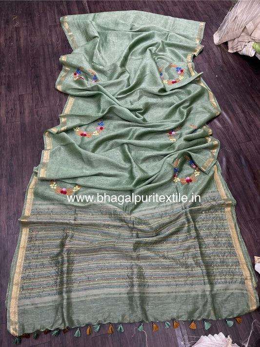 Linen Soft Silk Chand Fench Knot Hand Embodried Saree(Searc Code-10151)