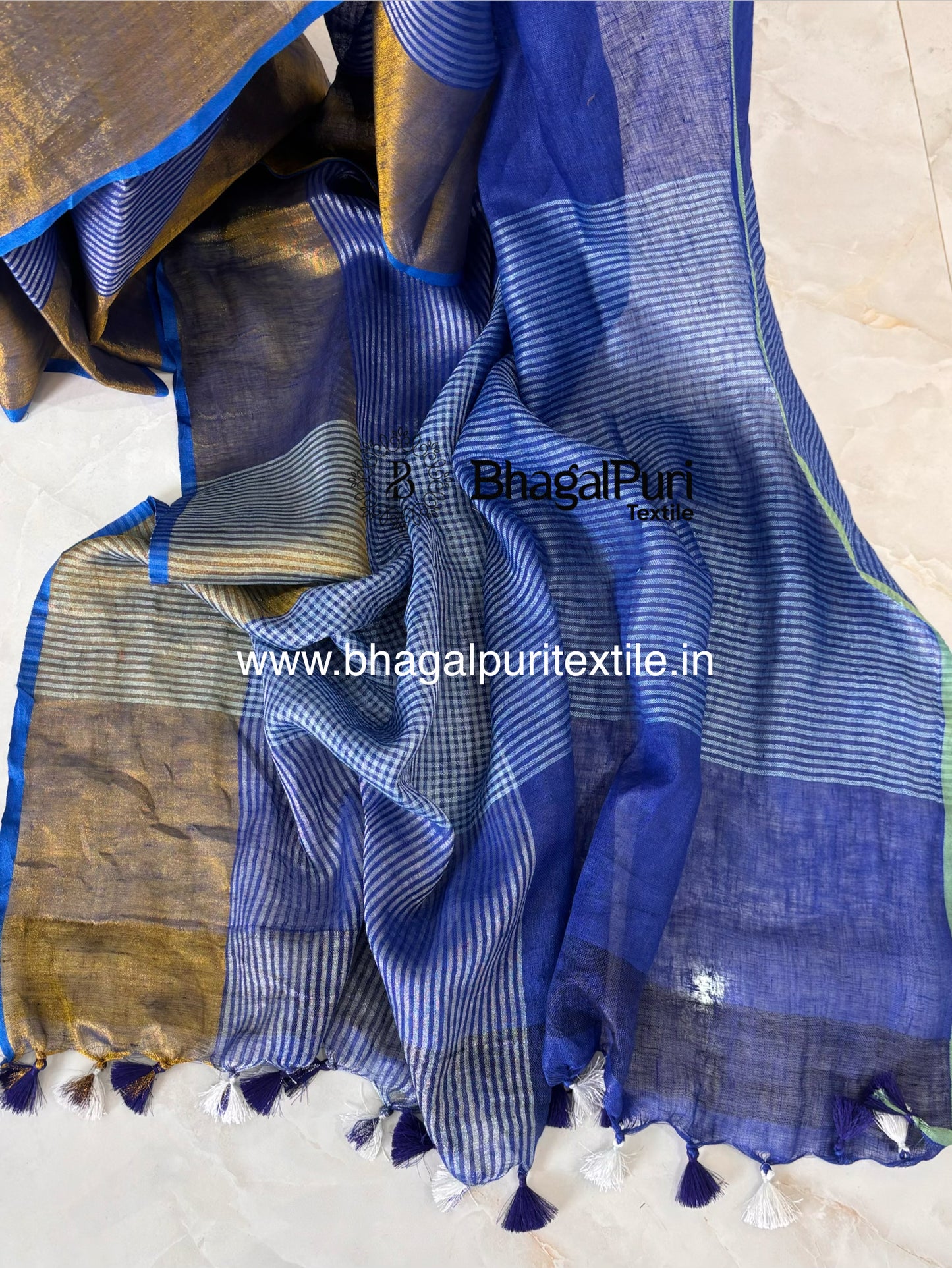 Limited Classic Navy Linen Saree with Horizontal Border (Search code-10186).