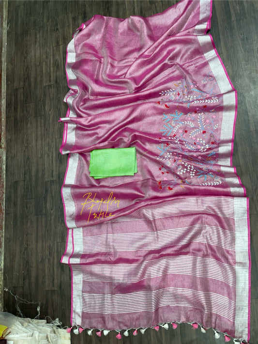 GleamingGrace Hand Embroidered Tissue Linen Saree