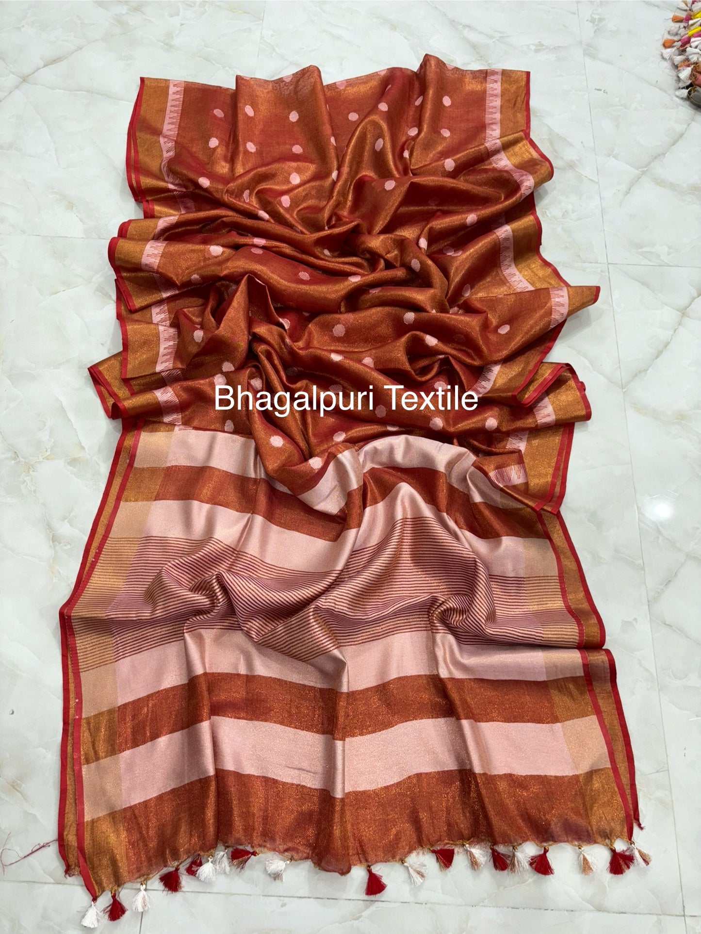 Polka Dot Linen Tissue Saree With Temple Border (Search Code-1057)