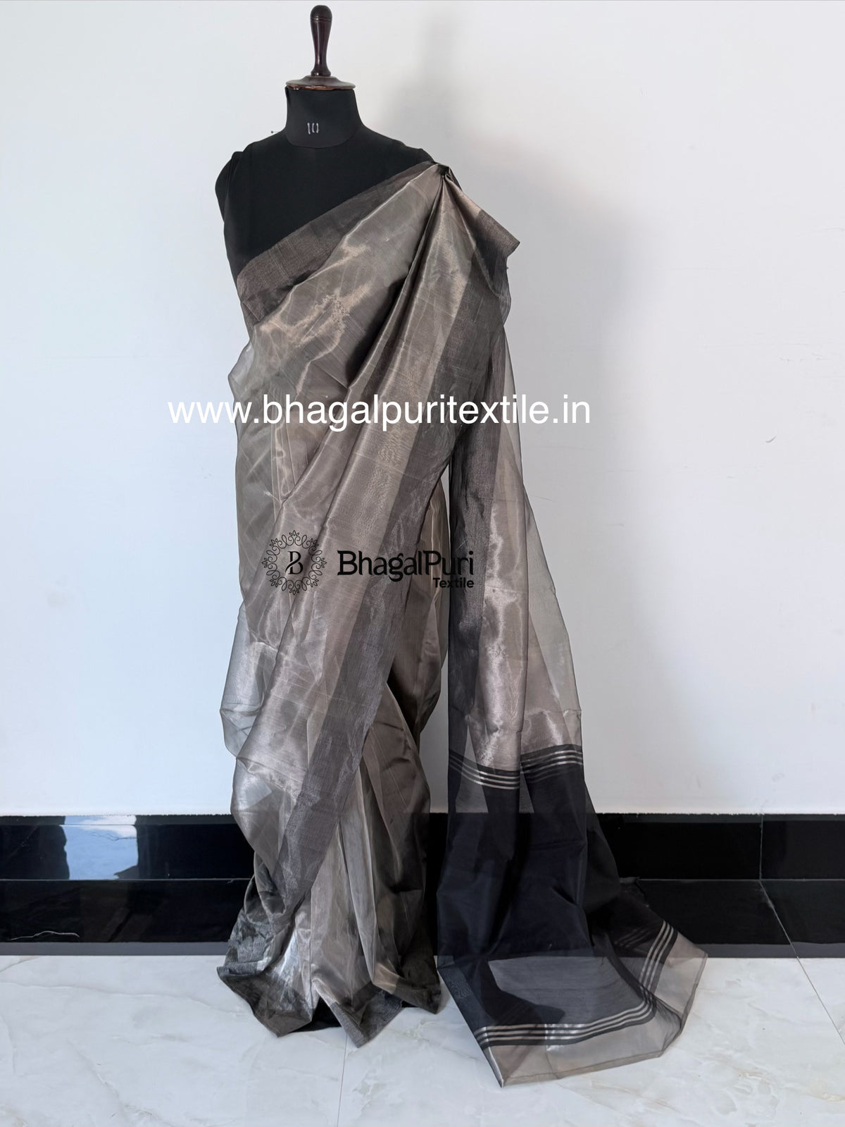 Premium Handloom Smoky Silver Tissue Silk Saree with Black Contrast Border & Contrast Blouse 1m (Search Code-10188)