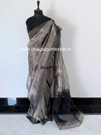 Premium Handloom Smoky Silver Tissue Silk Saree with Black Contrast Border & Contrast Blouse 1m (Search Code-10188)