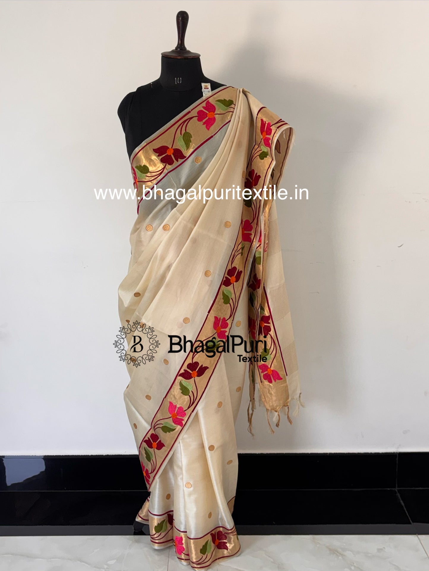 Floral Bloom Tussar Silk Saree with Golden Polka Details (Search Code-10163)