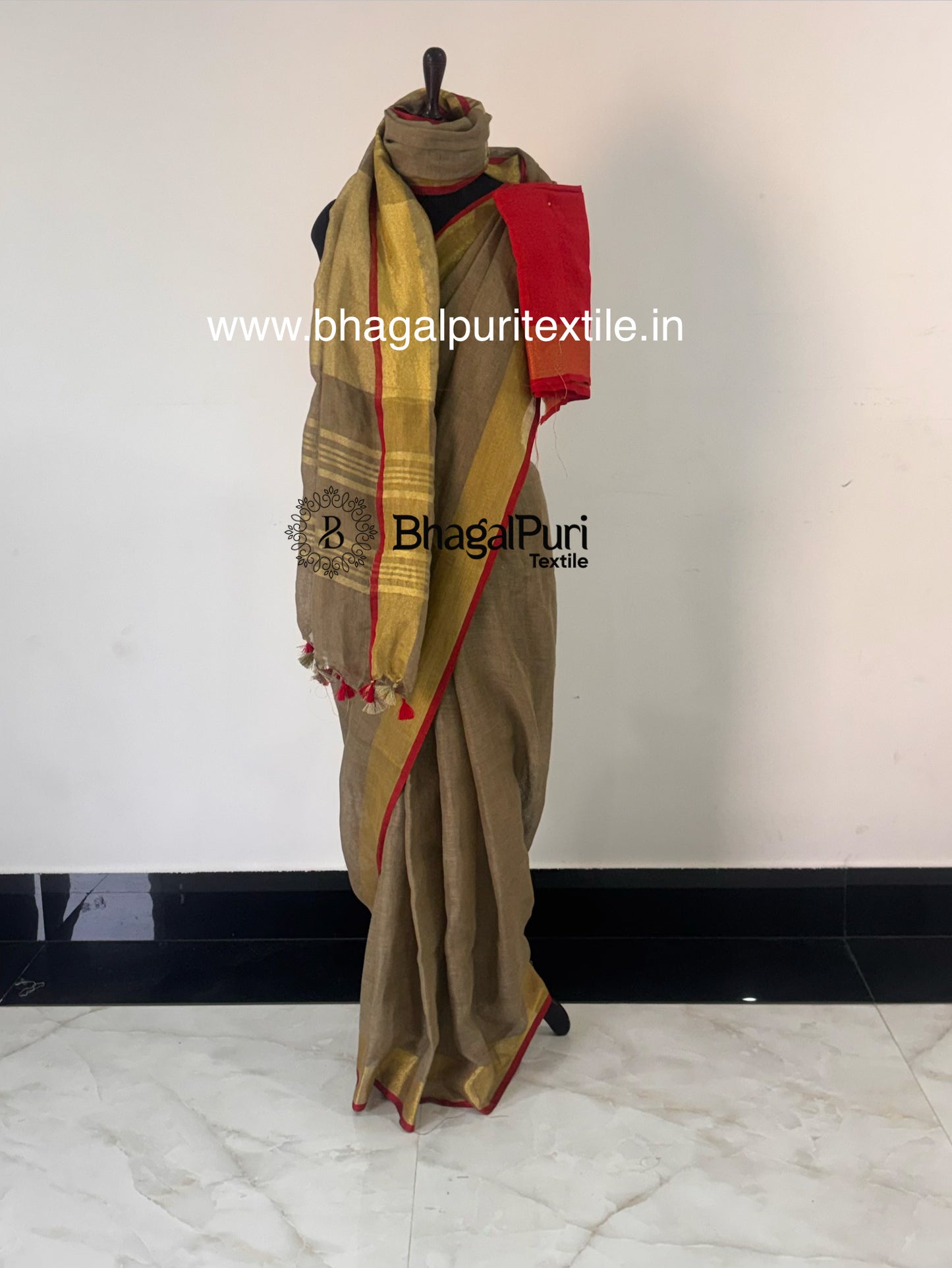 Soft Khaki Linen Saree with Bold Red Border (Search code-10183).