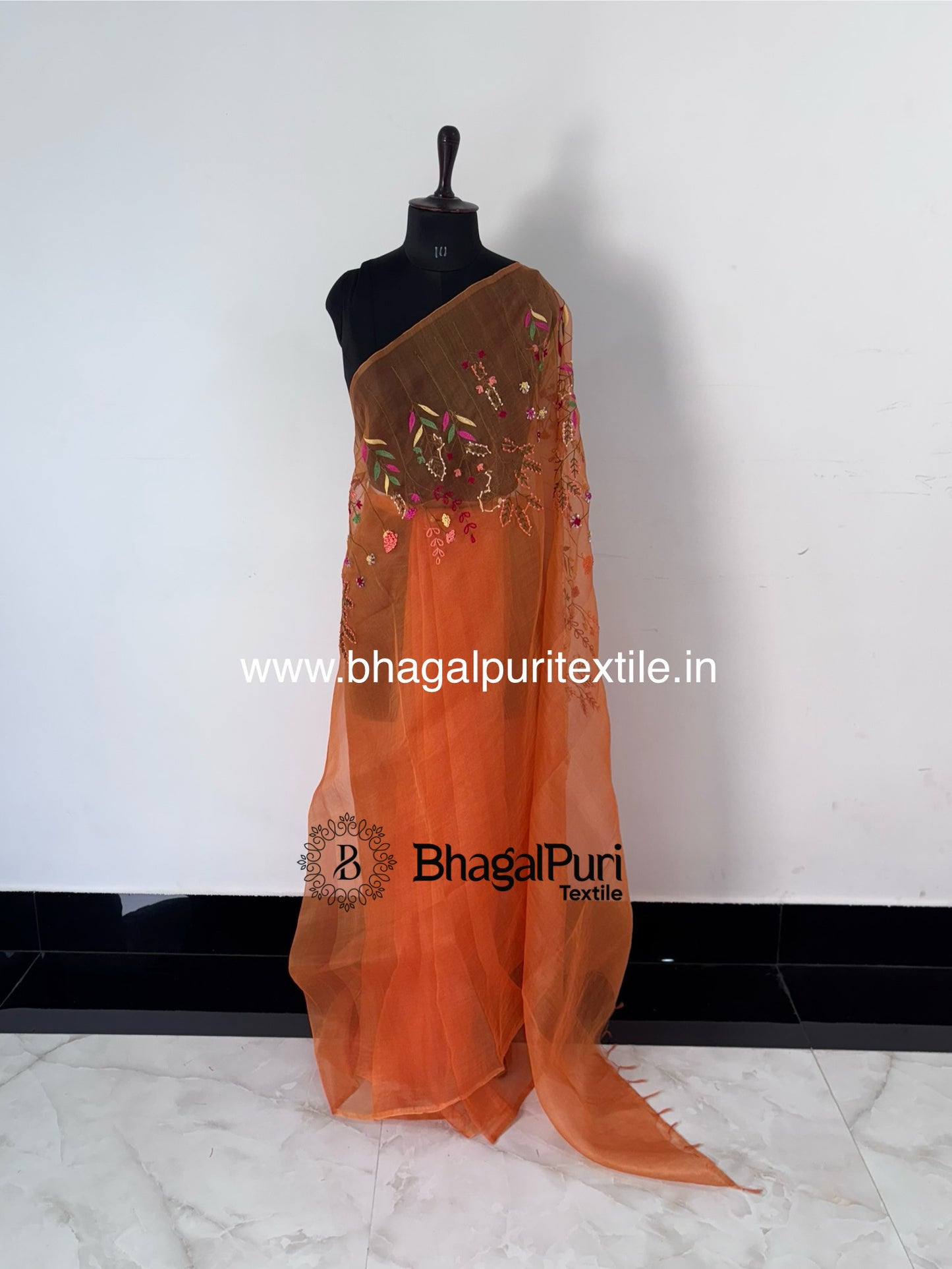 Festive Orange Organza Hand Embroidery work Saree With Running Blouse (Search code-10157)