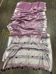 Tissue Linen Fenchknot Hand Embroidered Saree Lavender