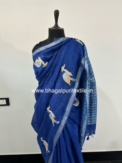 Linen Heron Hand work Embodied Saree ( Search Code-1070)