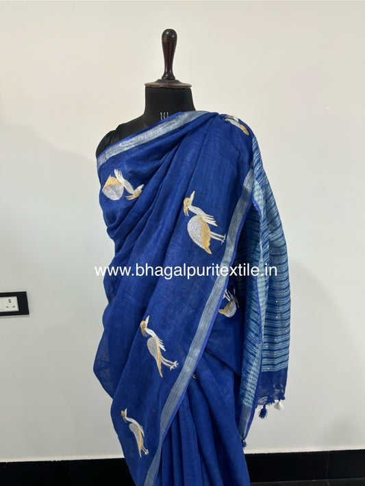 Linen Heron Hand work Embodied Saree ( Search Code-1070)