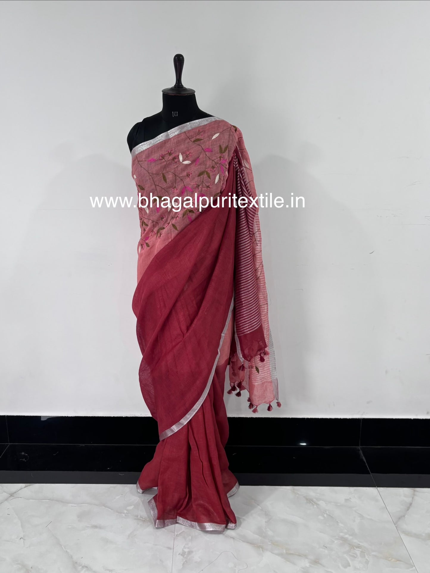 Dual Tone Linen Hand Embroidered Saree in Rose Red & Peach (Search code-10177).