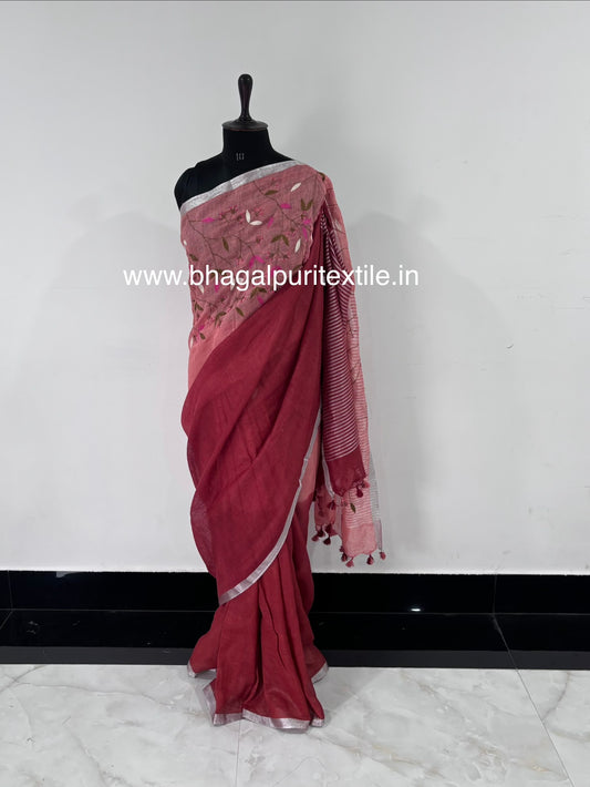 Dual Tone Linen Hand Embroidered Saree in Rose Red & Peach (Search code-10177).