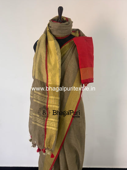 Soft Khaki Linen Saree with Bold Red Border (Search code-10183).