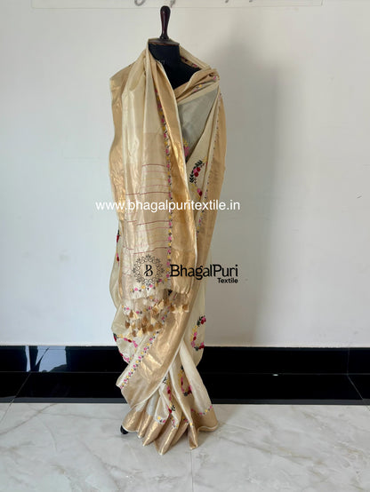 Zarafshan – Ivory Tussar Silk Saree with Intricate Hand-Embroidered Buta With Running Blouse 1m (Search Code-10192).