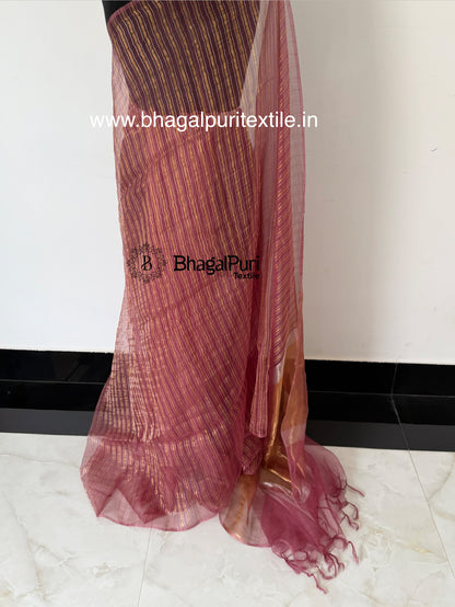 Onion Pink Gold & Silver Stripe Tissue Silk Saree (Search Code-10189).