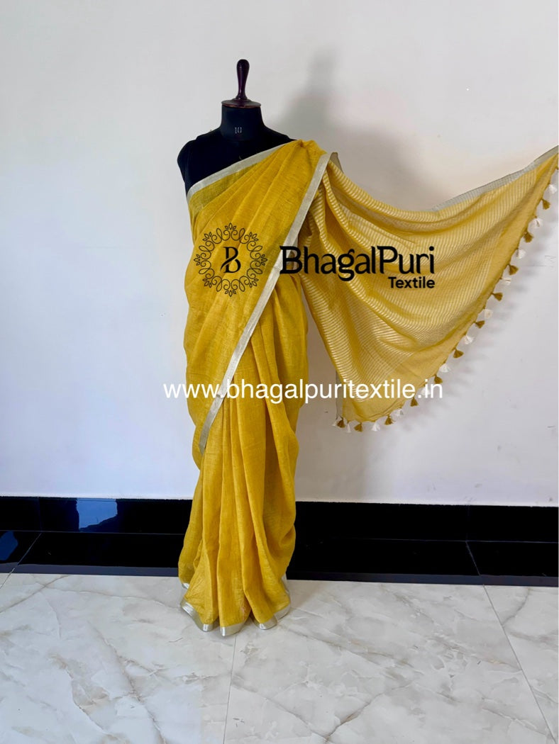 Tana Bana Linen Saree With Contrast Blouse 1 m (Search code-1080)