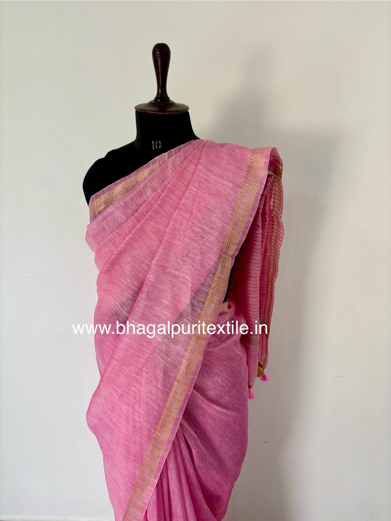 Gulaabi Noor Pure Silk Linen Dobi Zari Saree (Search Code-1077)