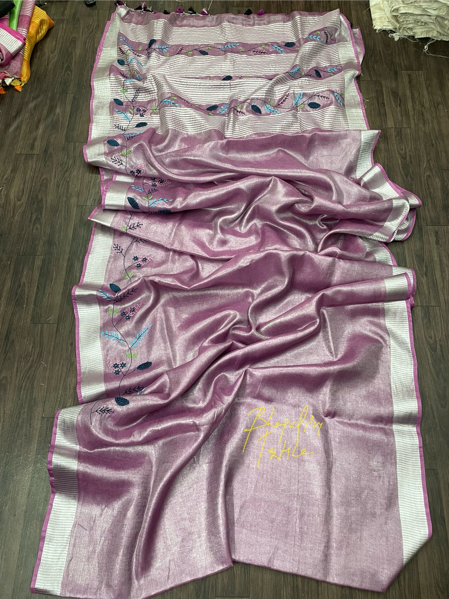Tissue Linen Fenchknot Hand Embroidered Saree Lavender (Search Code -10105)
