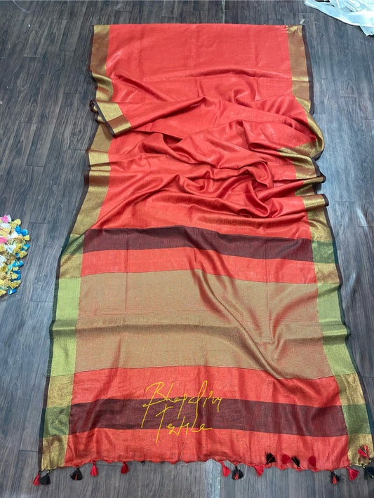 Dark Red Linen Saree (Search Code -1061)