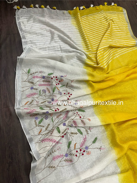 Sunlit Blossoms Linen White And Yellow Dual Color Hand Embroidered  Saree (Search Code -1028)