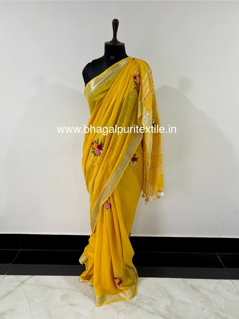 Golden Glow Cotton Hand Embroidered Fench knot Saree (Search Code -1025)