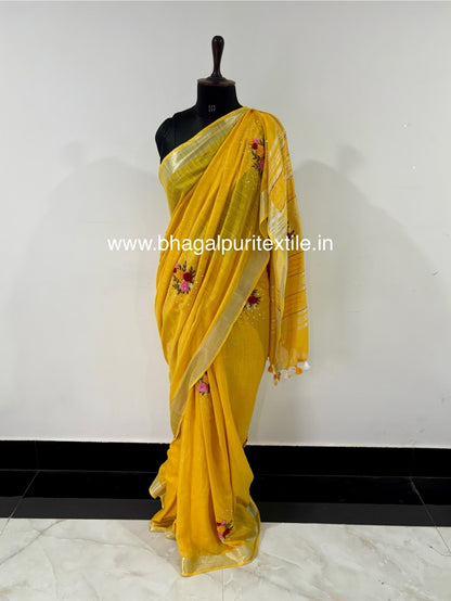 Golden Glow Cotton Hand Embroidered Fench knot Saree (Search Code -1025)