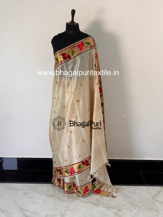 Floral Bloom Tussar Silk Saree with Golden Polka Details (Search Code-10163)