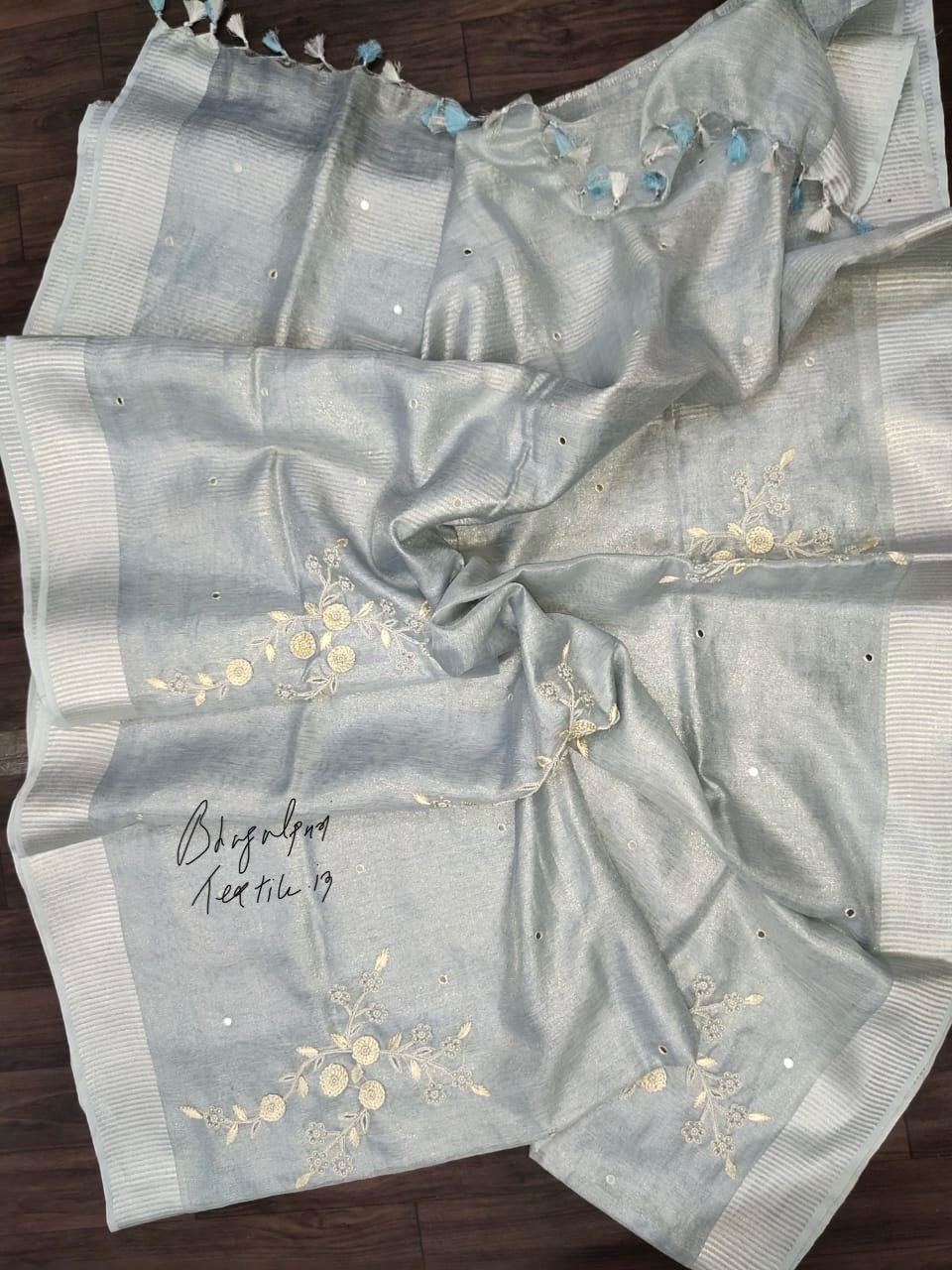 Tissue Linen Hand Embroidered Saree (Search Code -1006)