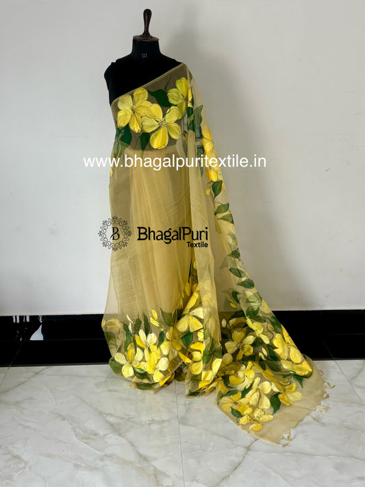 Golden Petals Organza Full Hand Paint ArtSaree With Painted Blouse 1m (Search Code-10190).