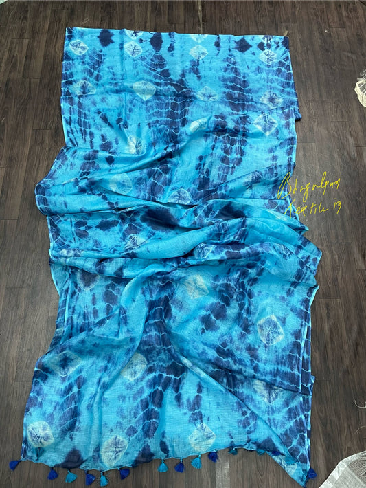 Linen Tourquish Blue Sibori Saree