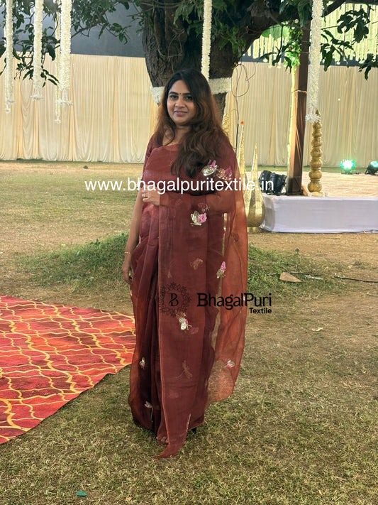 Coffee BrownDew Butterfly Organza Saree (Search Code-10160)