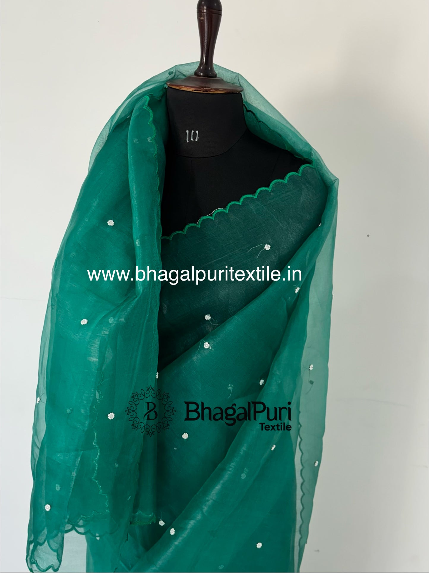 Handcrafted Blue Stone Organza Saree with Pearl Detailing & Designer Cutwork Border (Search Code-10165)