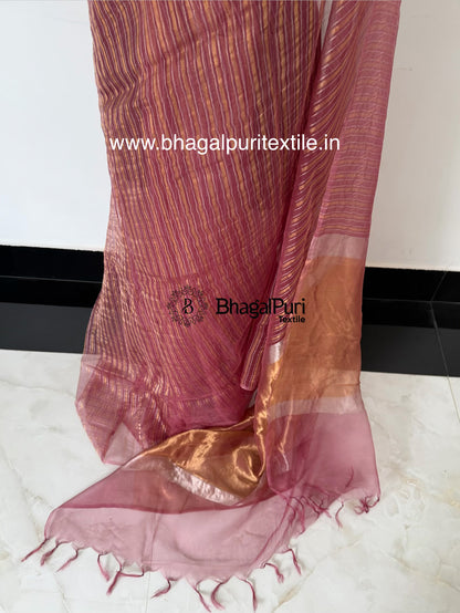 Onion Pink Gold & Silver Stripe Tissue Silk Saree (Search Code-10189).