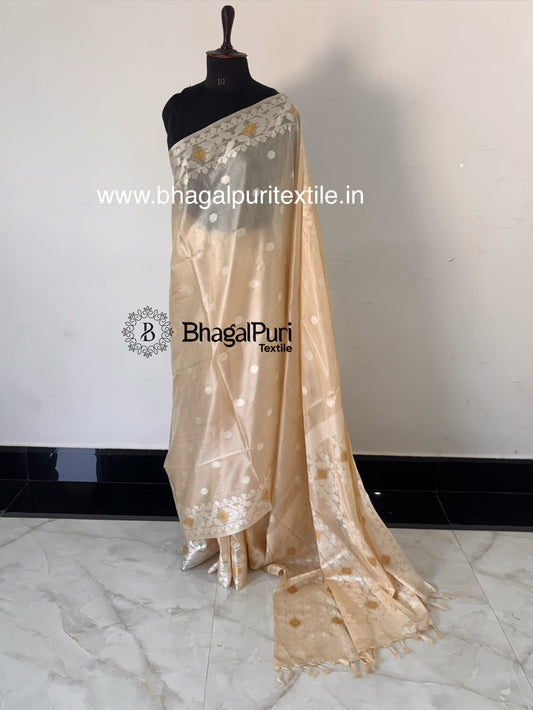 Ivory Gold Pure Tussar Silk Jamdani Saree with Polka dot al over body (Search code-10172).