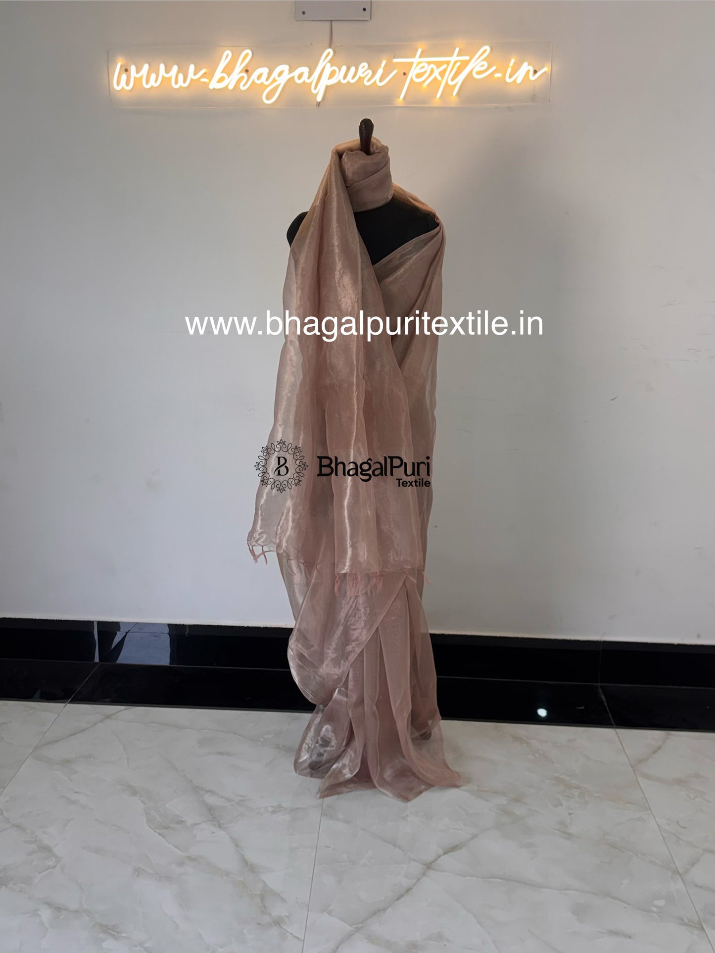 Ayla Champagne Rose Glass Tissue Silk Saree (Search code-10159).