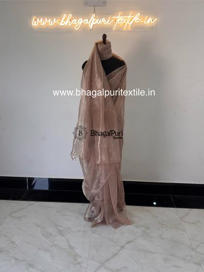 Ayla Champagne Rose Glass Tissue Silk Saree (Search code-10159).