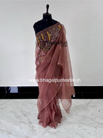 Choco Mist – Light Brown Organza Embroidered Saree With Running Plain Blouse pcs 1 m (Search Code-1020)
