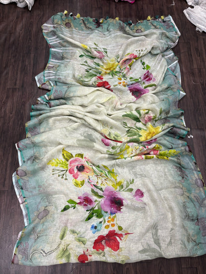 Blossom Bloom Linen Digital Saree