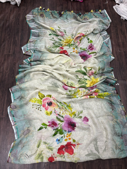 Blossom Bloom Linen Digital Saree