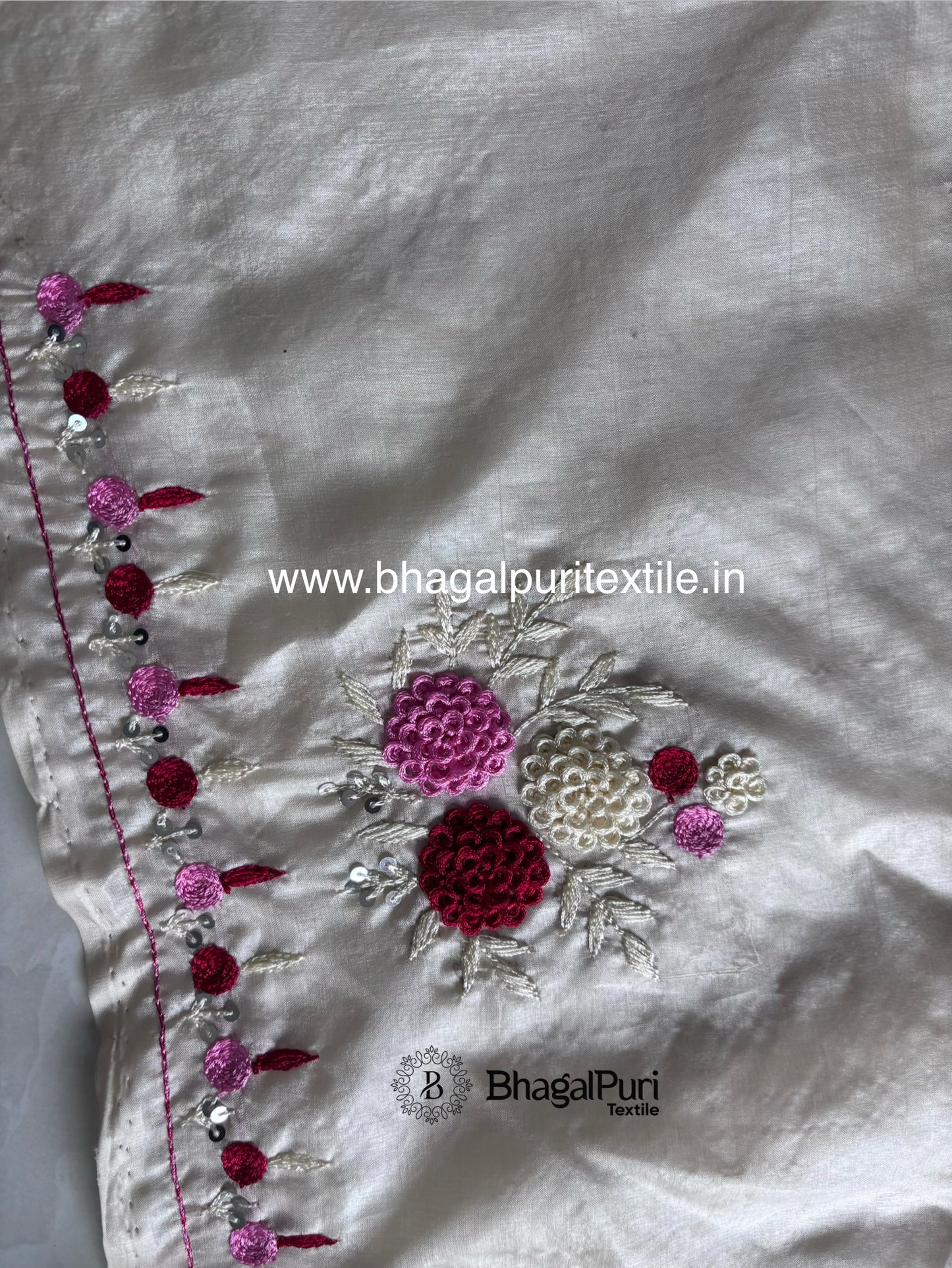 Pearl Veil Tussar Hand Embroidery Saree With Running 1M Blouse.(Search Code-10167)