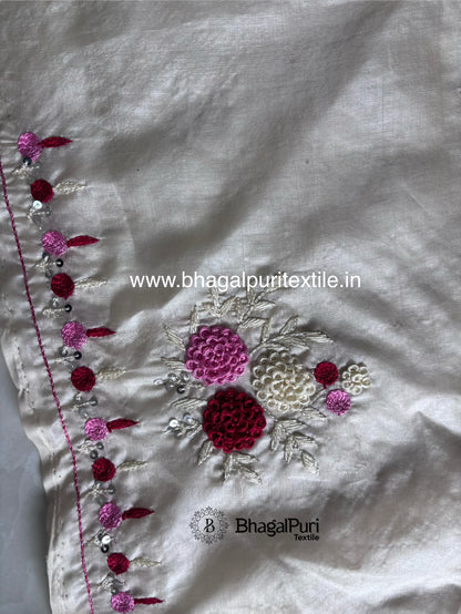 Pearl Veil Tussar Hand Embroidery Saree With Running 1M Blouse.(Search Code-10167)