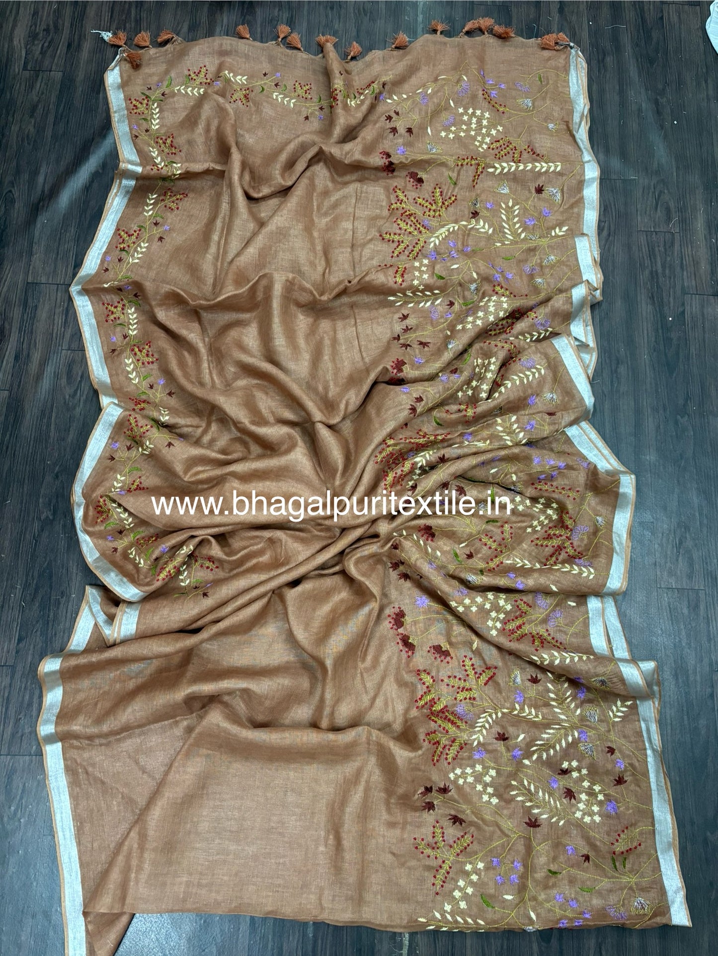 Fountain Blue Linen Hand Embroidered Saree & Blouse (Search Code-1013)