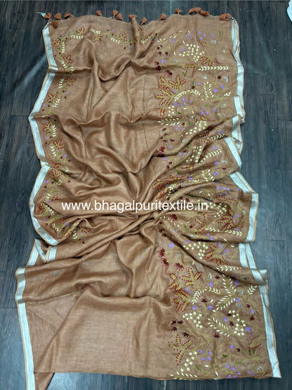 Fountain Blue Linen Hand Embroidered Saree & Blouse (Search Code-1013)