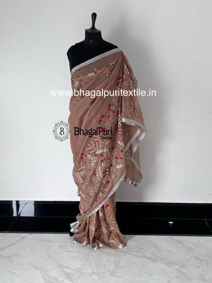 Soft Soil Soft Biscuit Tone Linen Saree with Full  Hand Embroidery (Search code-10169).