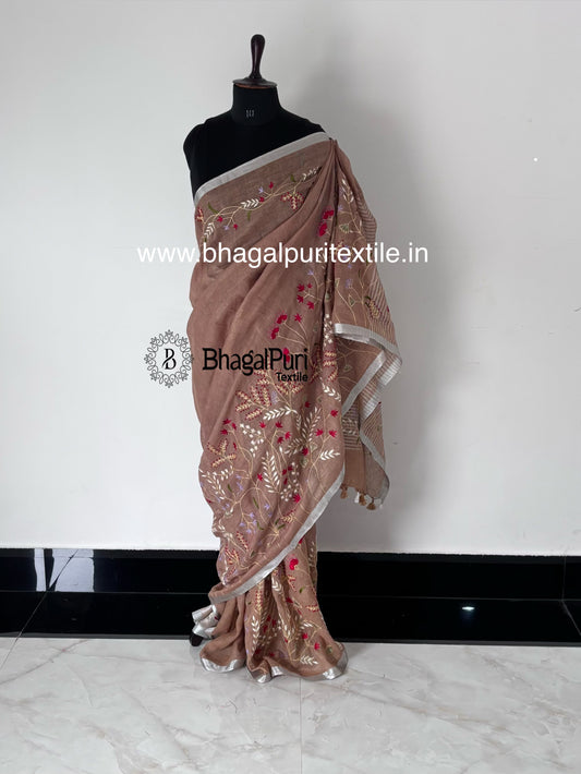 Soft Soil Soft Biscuit Tone Linen Saree with Full  Hand Embroidery (Search code-10169).