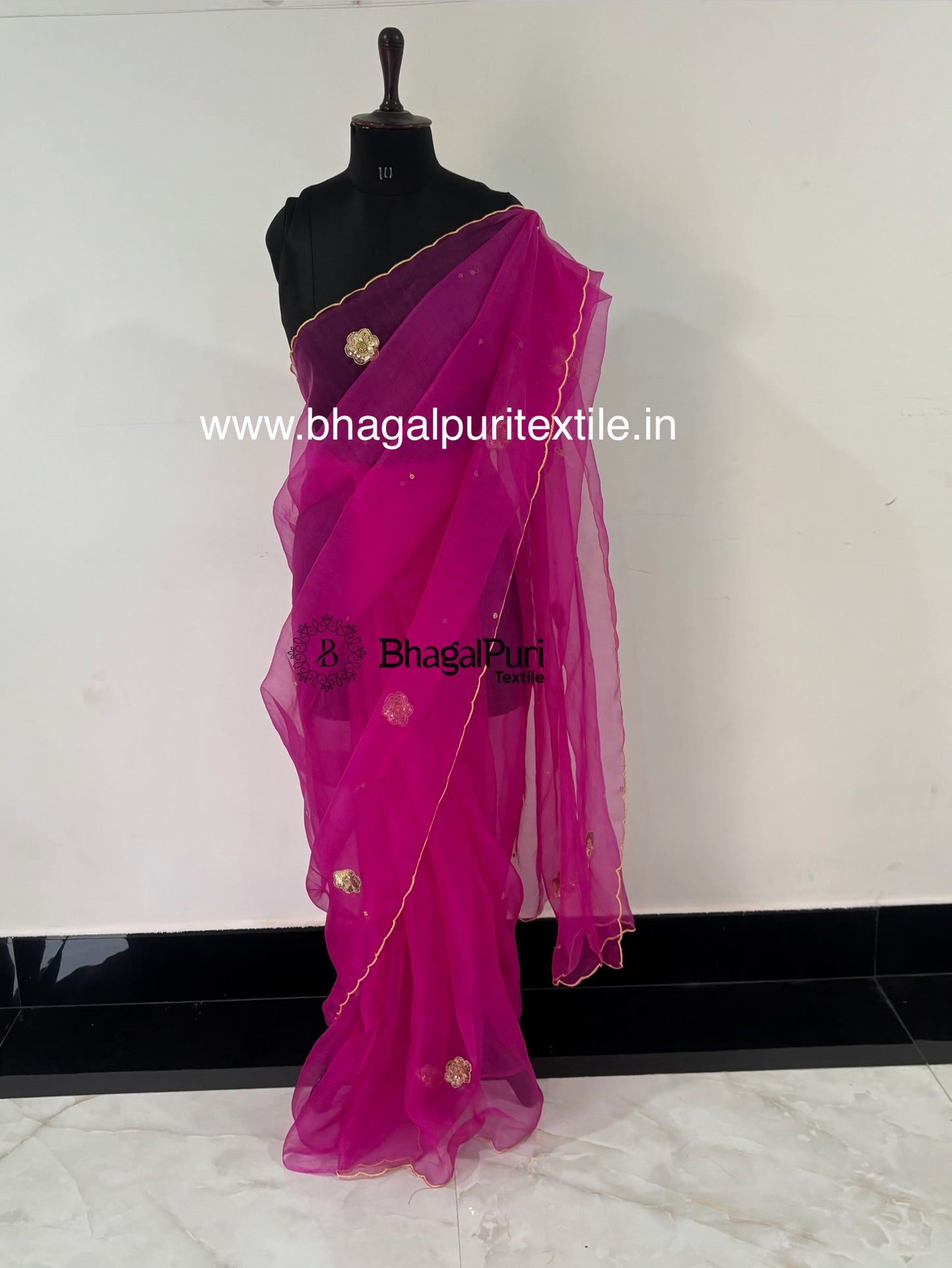 Gulnaar Bloom Magenta Pink Organza Handwork Saree with Floral Sequins & Scalloped Border (Search Code-10191).