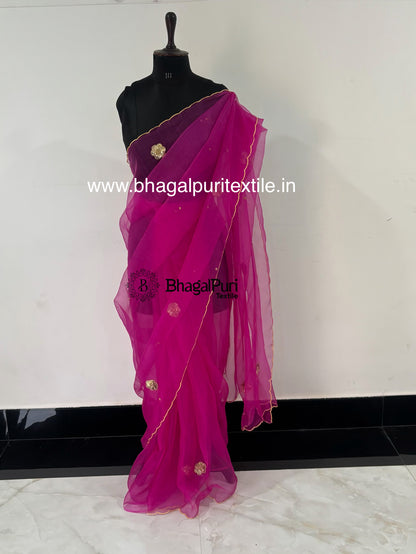 Gulnaar Bloom Magenta Pink Organza Handwork Saree with Floral Sequins & Scalloped Border (Search Code-10191).