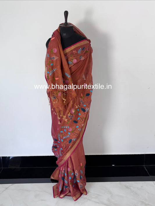Sundara Pink Linen Handwork Saree (Search code-10159)