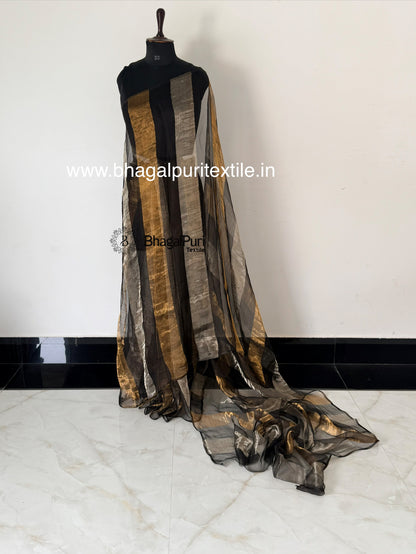 Royal Charcoal Gold & Silver Organza TissueSilk Saree  (Search Code-10193).