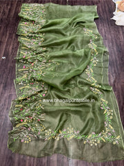 Luminous Leaf Lattice Organza Silk Hand Embroidered Saree Green (Search Code:-1023)